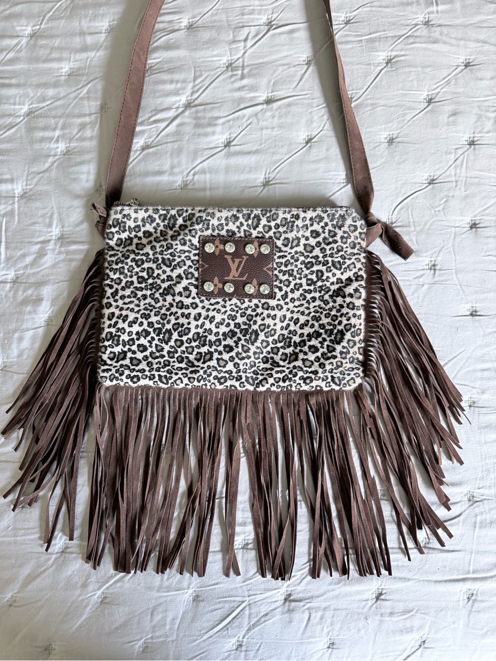 Upcycled Louis Vuitton Leopard Print Fringe Crossbody Vegan Version Western Bag